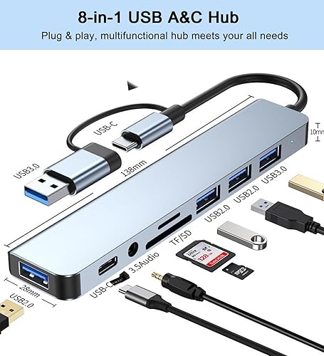 Miniatura 9 de Hub USB C Hub USB 3.0 con lector de tarjetas SDTF, conector auxiliar de auriculares de 0.138 in, divisor USB 8 en 1 para MacBook Pro Air, XPS,
