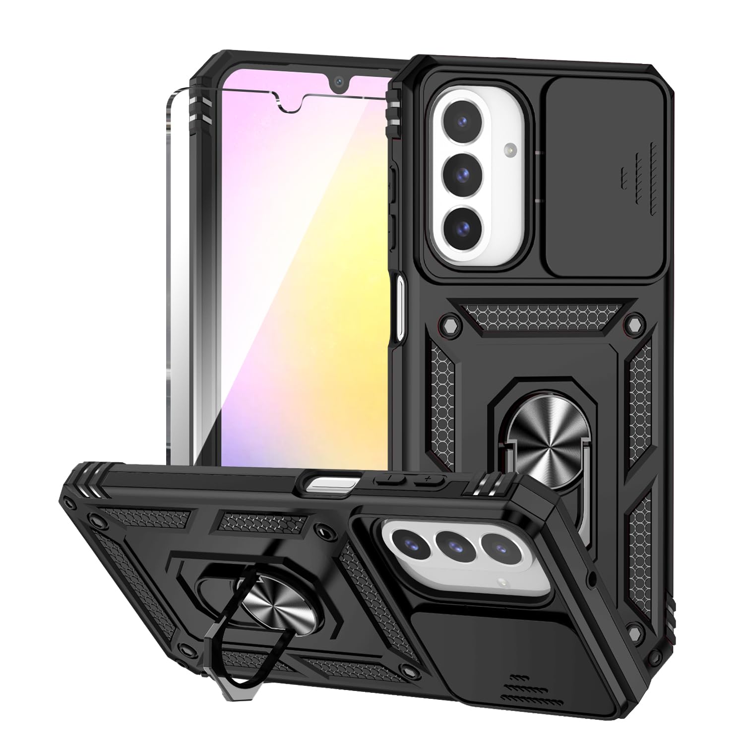 for Galaxy A26 5G Phone Case with Slide Camera Cover HD Screen Protector [Military Grade 16ft. Drop Tested] Magnetic Ring Kickstand Protective Phone