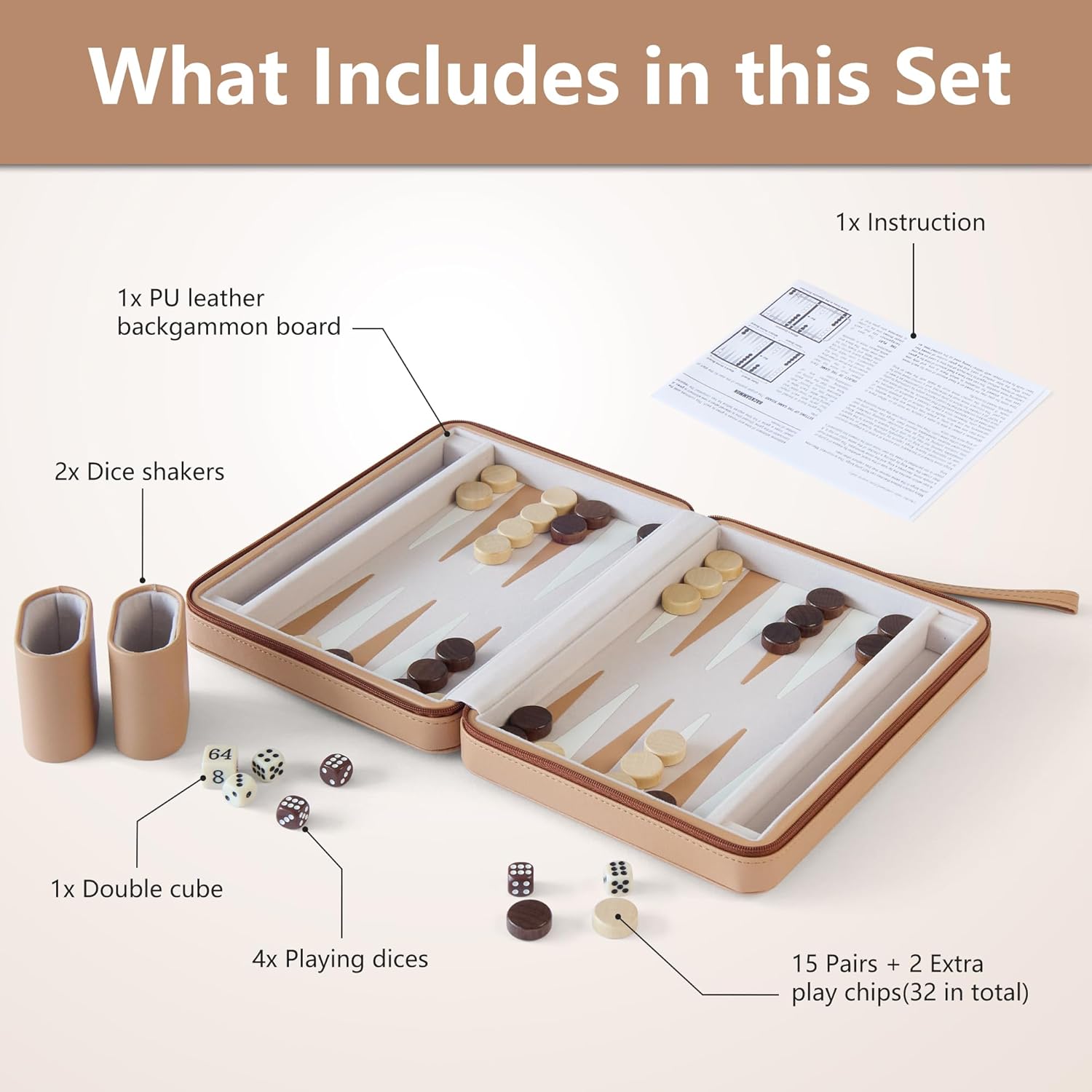 Magnetic Travel Backgammon Set, Portable PU Leather Backgammon Board Game, 9 Inch Classic Strategy Game for Adult Teens, Folding Backgammon Board with 32 Wooden Pieces and 5 Dices, Khaki