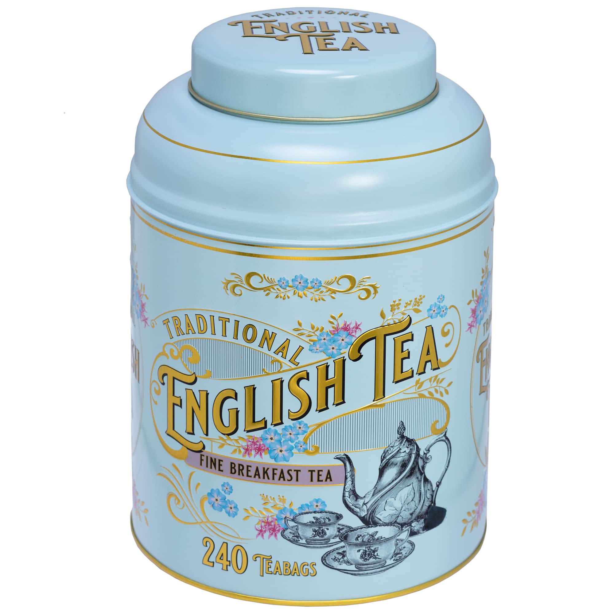 New English TeasVintage Victorian Large Round Tea Tin in Powder Blue with 240 English Breakfast Teabags