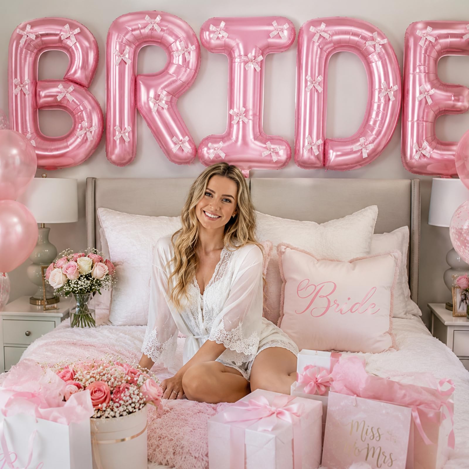 101,6 cm Brautballons Bachelorette, rosa Brautballons mit rosa Schleife für Junggesellinnenabschied, riesige Hochzeits-Folienballon, Buchstabenbanner für Hochzeit, Verlobung, zukünftige Braut