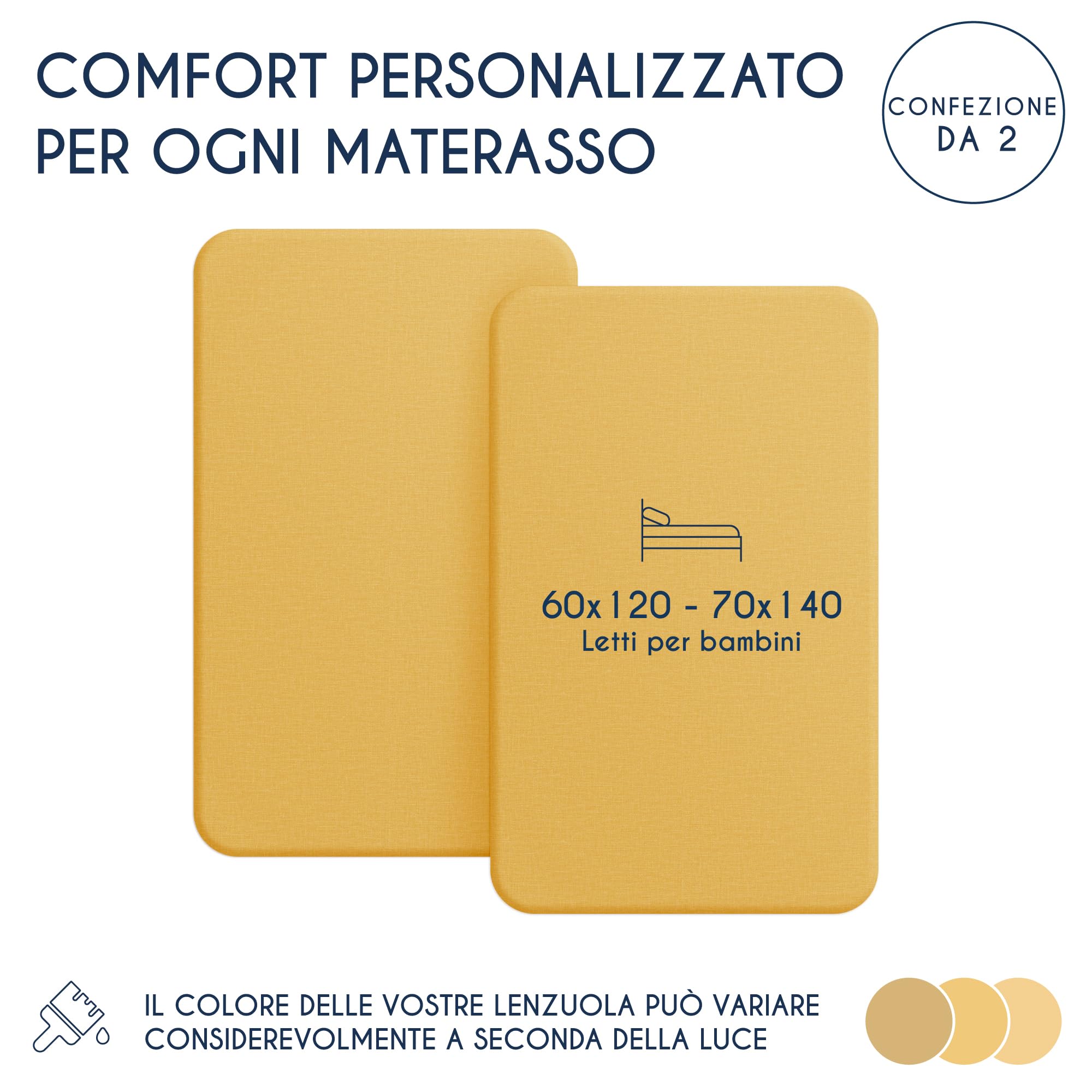 Dreamzie - Set 2 Lenzuolo con Angoli Cotone Bambini - 60x120/ 70x140 - Oeko Tex certificato - Giallo - Lenzuolo con Angoli 60x120/ 70x140