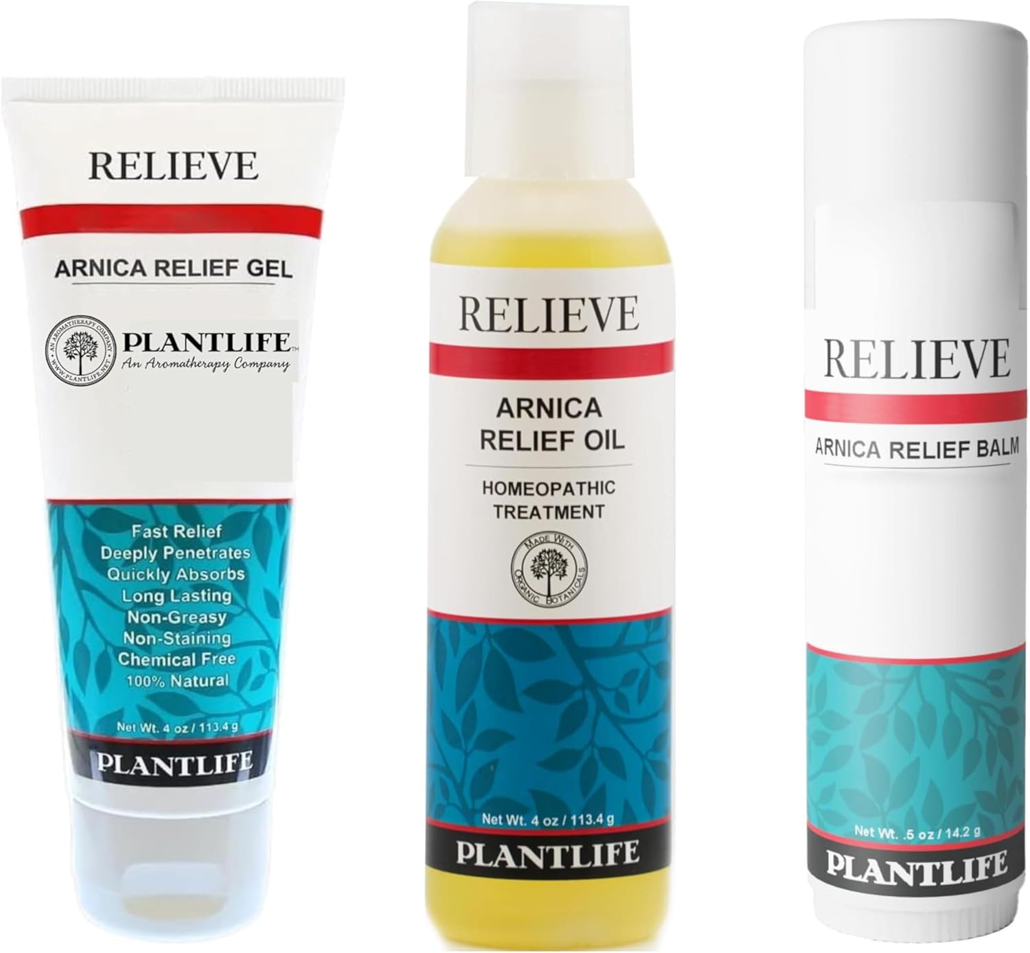 Plantlife Arnica Relieve Bundle - Made with Arnica and 100% Pure Essential Oils - Relieve Products are a Homeopathic Solution for Everyday Use - Works Quickly and Effectively - Made in California