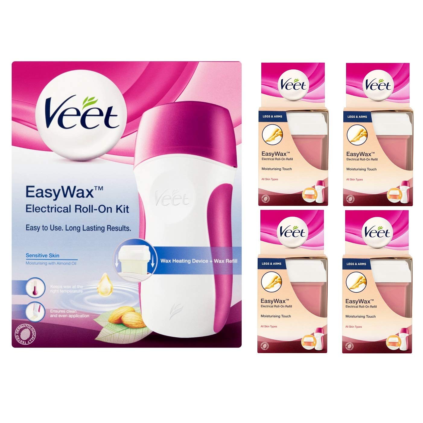 Veet - Easy Wax Sensitive Skin Roll On Kit + Veet Sensitive Roll On Refills (Pack of 4 x 50ml)