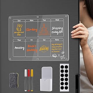 Acrylic Calendar Fridge - Dry Erase Magnetic Board, OUNNE 16"X12" Weekly Planner Board for Fridge Refrigerator, Includes 3 Superfine Markers 3Colors/Pen Holder/Magnetic Eraser