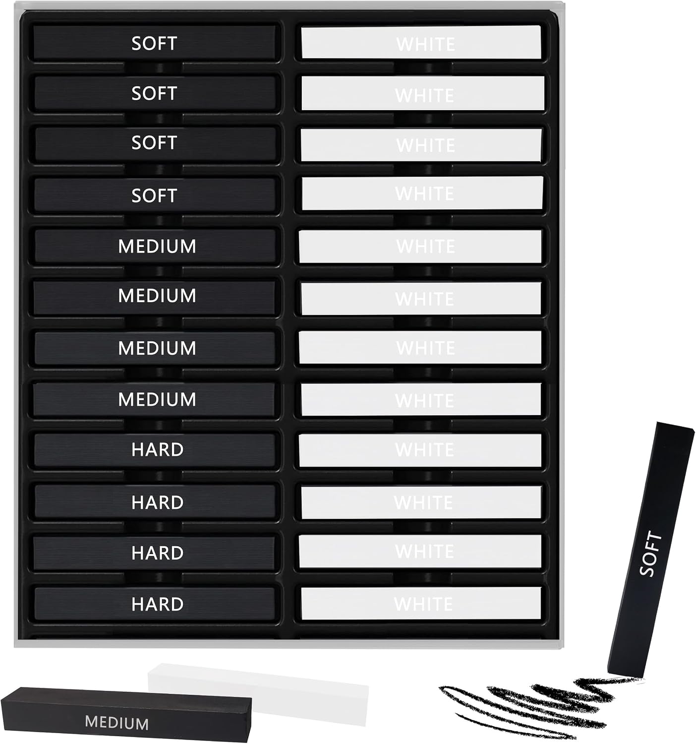 24 Pcs Compressed Charcoal Sticks with Soft, Medium, Hard and White Charcoal, Square Charcoal Stick Kit for Drawing, Sketching and Shading (12 Black and 12 White)