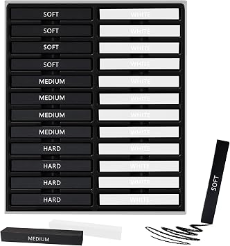 24 Pcs Compressed Charcoal Sticks with Soft, Medium, Hard and White Charcoal, Square Charcoal Stick Kit for Drawing, Sketching and Shading 12 Black and 12 White