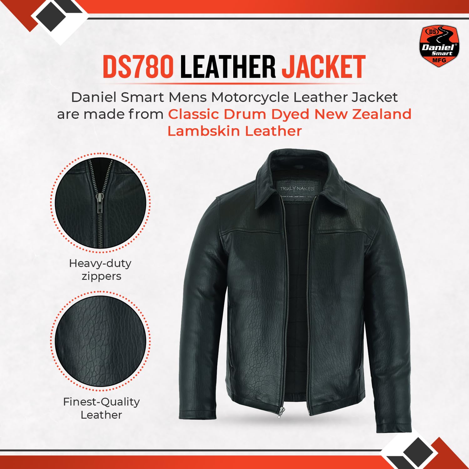 Daniel Smart Mens Motorcycle Leather Jacket Lambskin Leather Jacket for Men with Shirt style Collar & Multipurpose Pockets