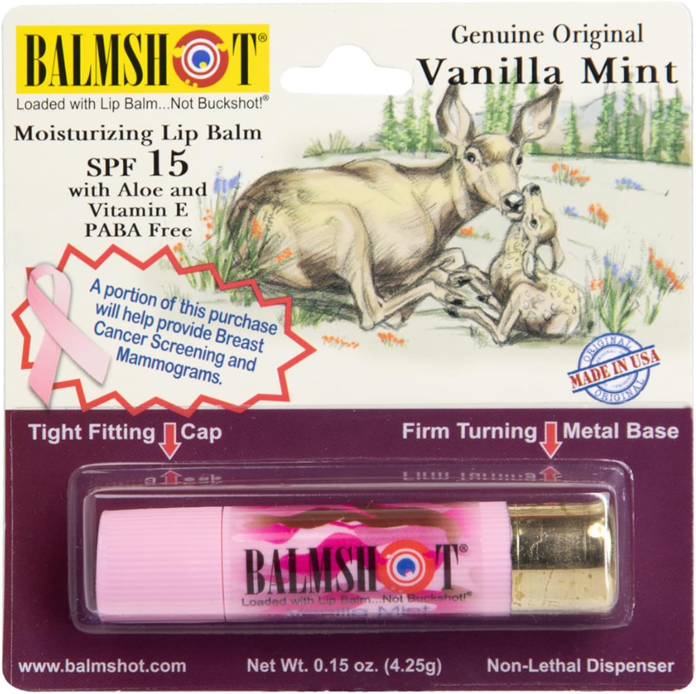 BALMSHOT Camo Vanilla Mint Lip Balm SPF 15 – Beeswax Chapstick in 20-Gauge Brass Shotgun Shell Tube, Outdoor Lip Protector for Hunting, Fishing, Hiking, Heat Tolerant, Made in USA