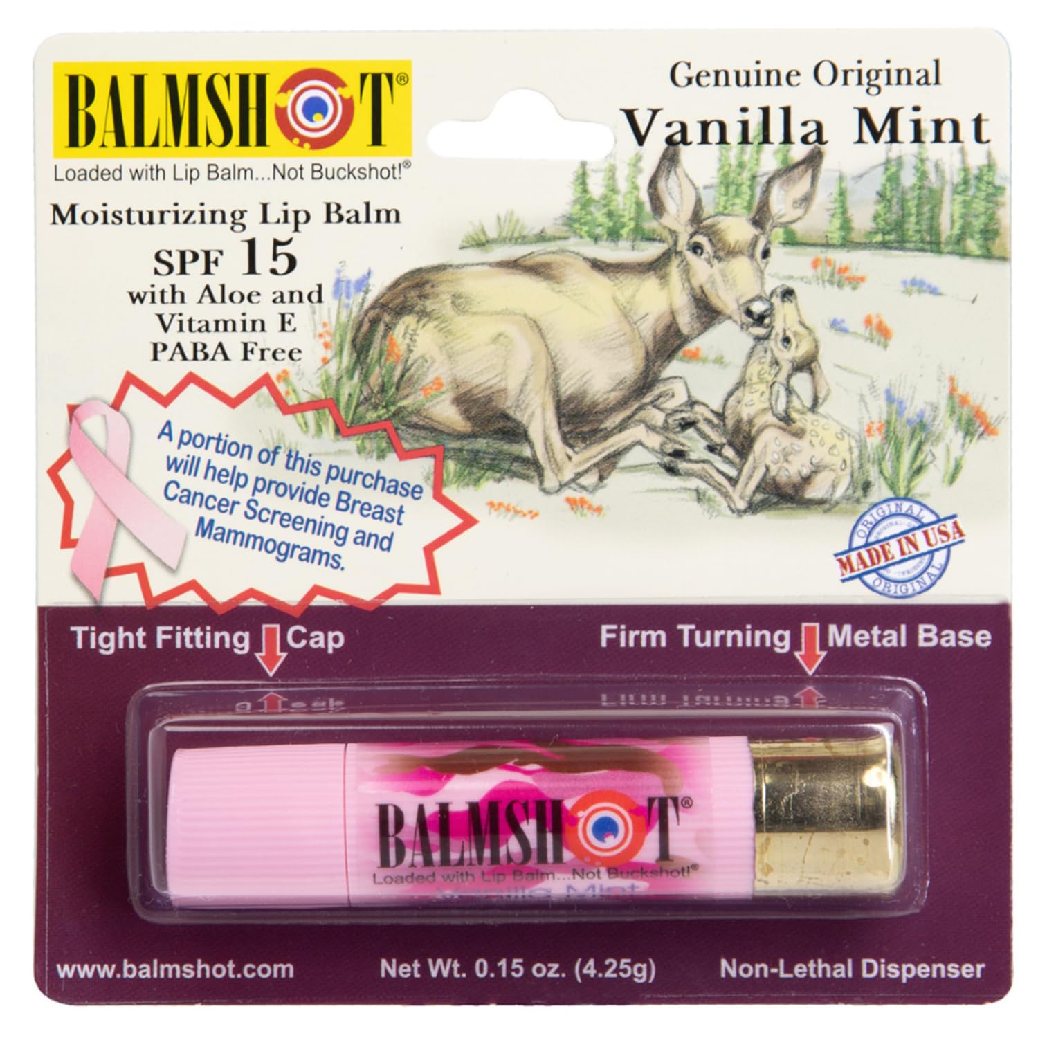 BALMSHOT Camo Vanilla Mint Lip Balm SPF 15 Beeswax Chapstick in 20-Gauge Brass Shotgun Shell Tube Outdoor Lip