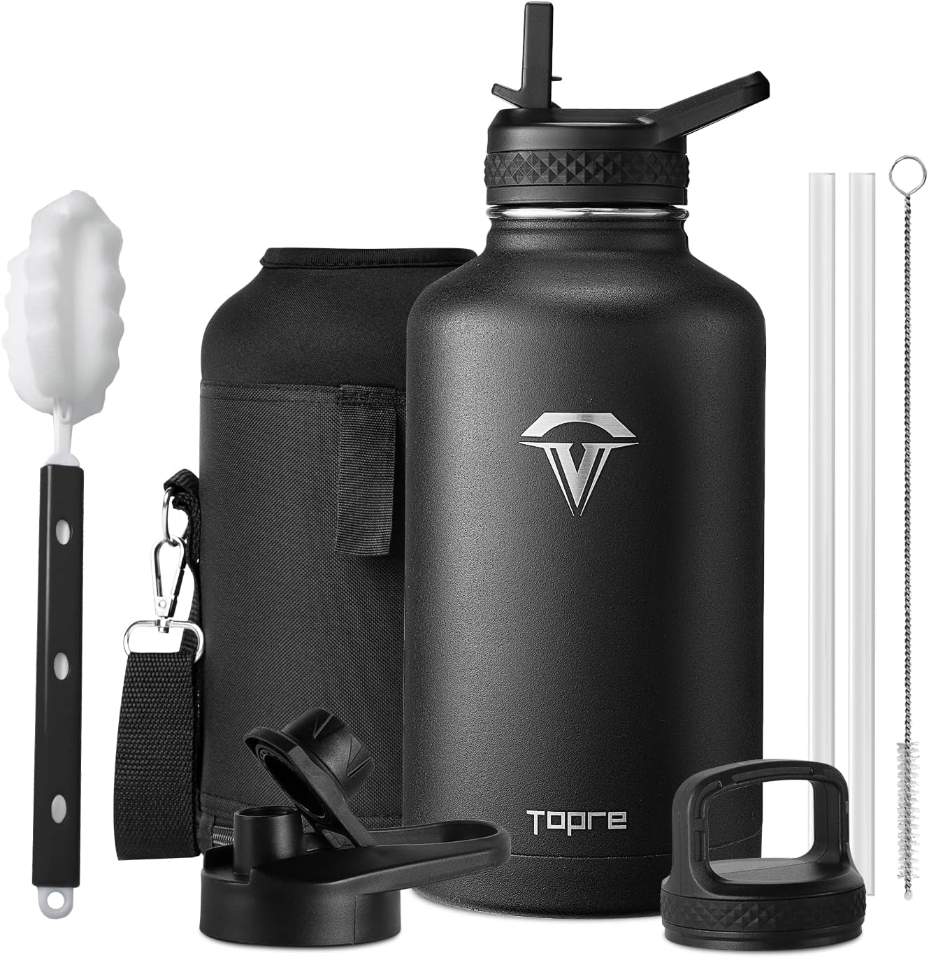 64 oz Insulated Water Bottle, Half Gallon Vacuum Stainless Steel Sports Water Jug with 3 Lids & Brush, BPA-free Reusable Double Walled Mug Gym Keg for Sports Outdoor Camping, Black (64 Ounces Black) - Main View