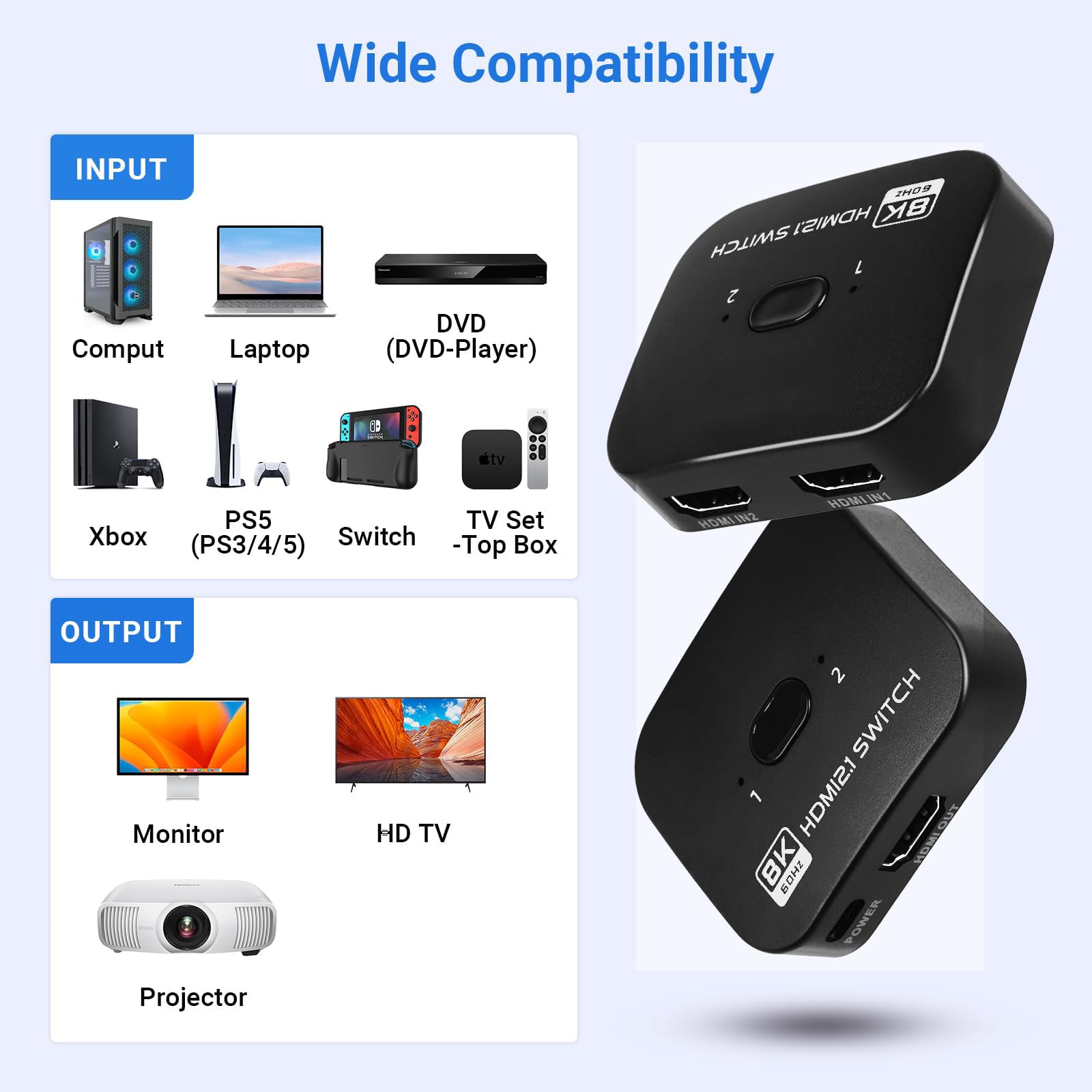 Switch HDMI 8K 60Hz, 4K 120Hz Répartiteur Commutateur 2 Entrées 1 Sortie, Splitter HDMI 2.1 Bi-Direction, Compatible avec PS5 PS4 Xbox Lecteur Blu-Ray PC
