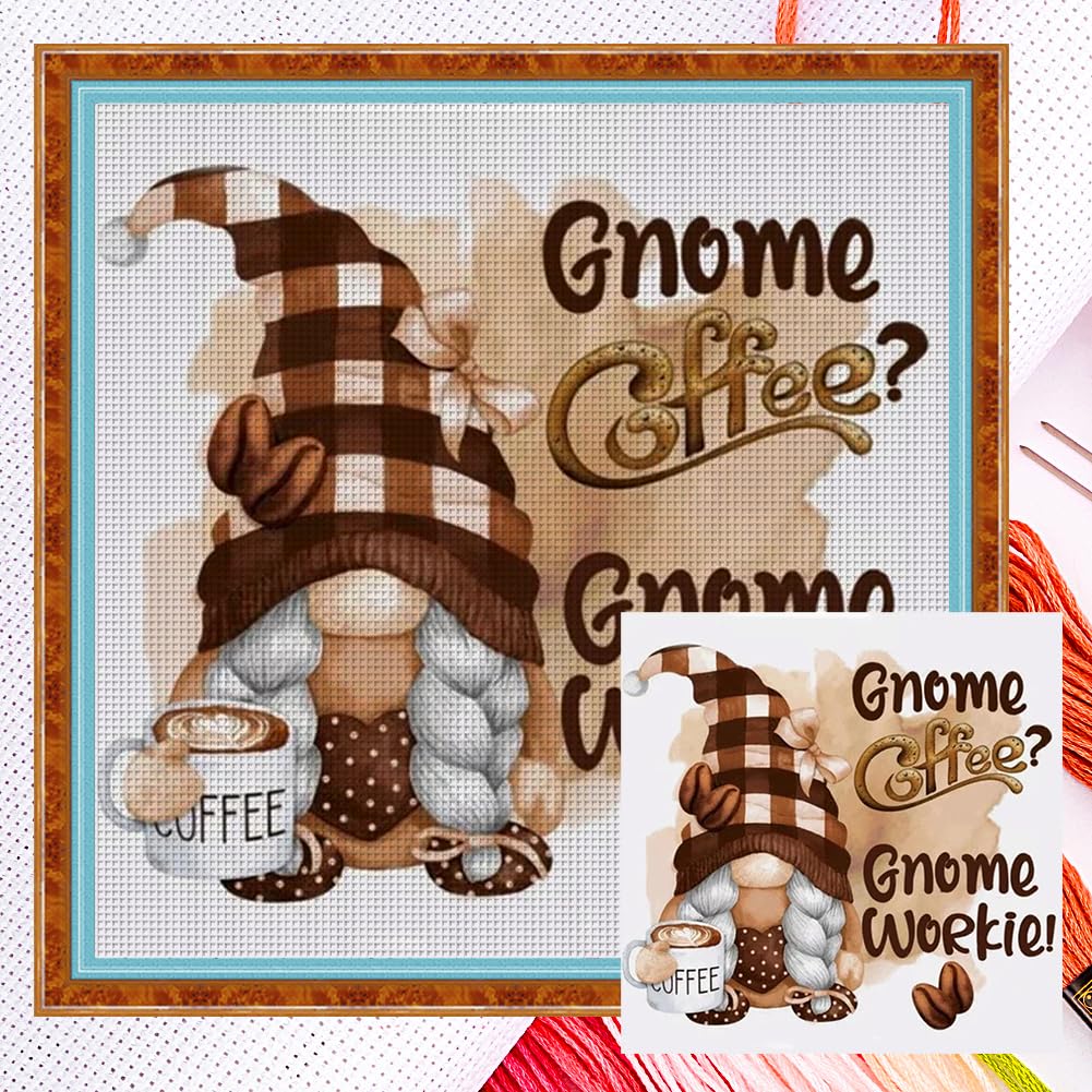 ENCOMAG Gnome Coffee Stamped Cross Stitch Kits,Counted Cross Stitch Kits for Adults Beginners,Embroidery Kits,Full Range of Cross-Stitch Needlecrafts for Home Wall Decor No Frame 40x40cm