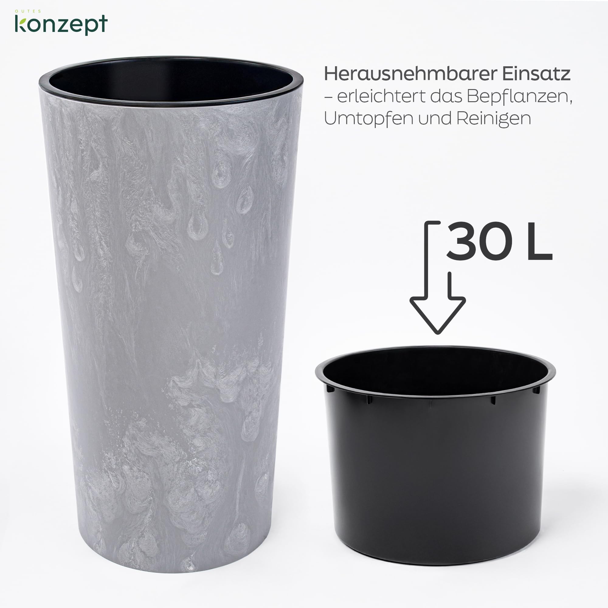 KONZEPT Blumentopf mit Einsatz – Hoch 75cm – in Beton Optik, für Außenbereich, wetterfest, UV-beständig, ECO-Kunststoff, ideal für Garten, Balkon, Terrasse