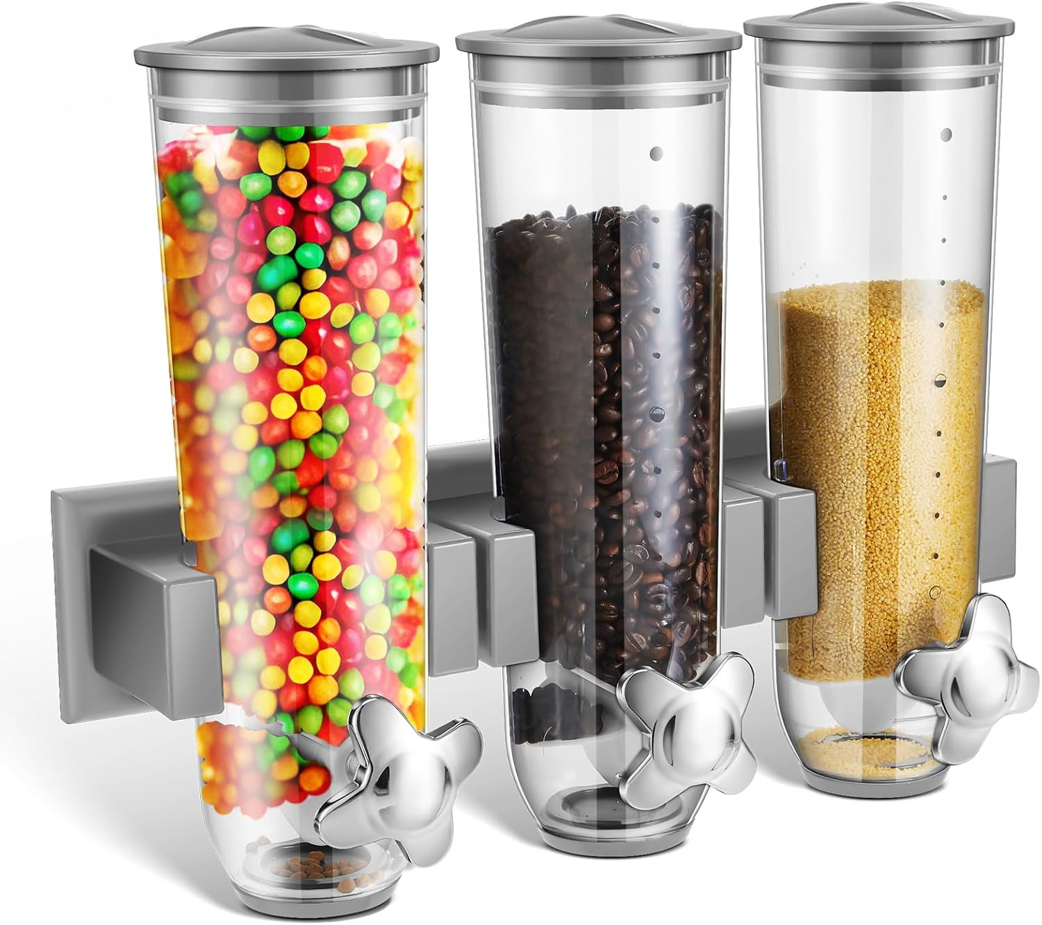 Umigy 1 Pcs Candy Dispenser Wall Mounted, Triple Dry Cereal Grain Dispenser Machine Wall Mount, Food Storage Container for Pantry Snack with 3 Cup for Kitchen, 39 oz (Gray) SILVER1