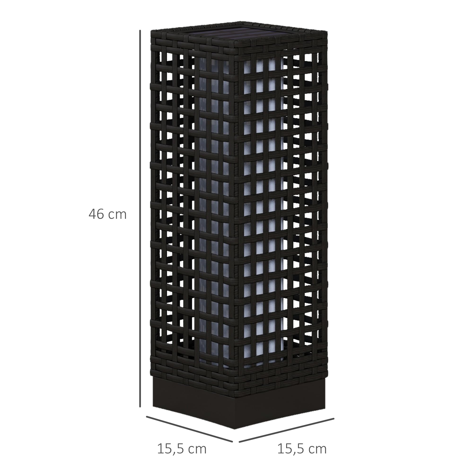 Outsunny solarne rattanowe z czujnikiem światła 15,5x15,5x46cm Czarny | Ładowalna LED, IP44 wodoszczelna, latarka solarna, lampa zewnętrzna, do ogrodu, balkonu, podwórza