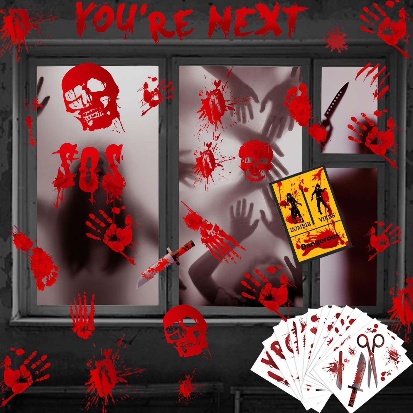 Metplus Halloween Decorations Window Stickers, Bloody Handprint Footprint Scary Clings Creepy Decals for Floor Door Wall Bathroom Kitchen Kid Adult DIY Decor Vampire Zombie Party - 12 Sheets