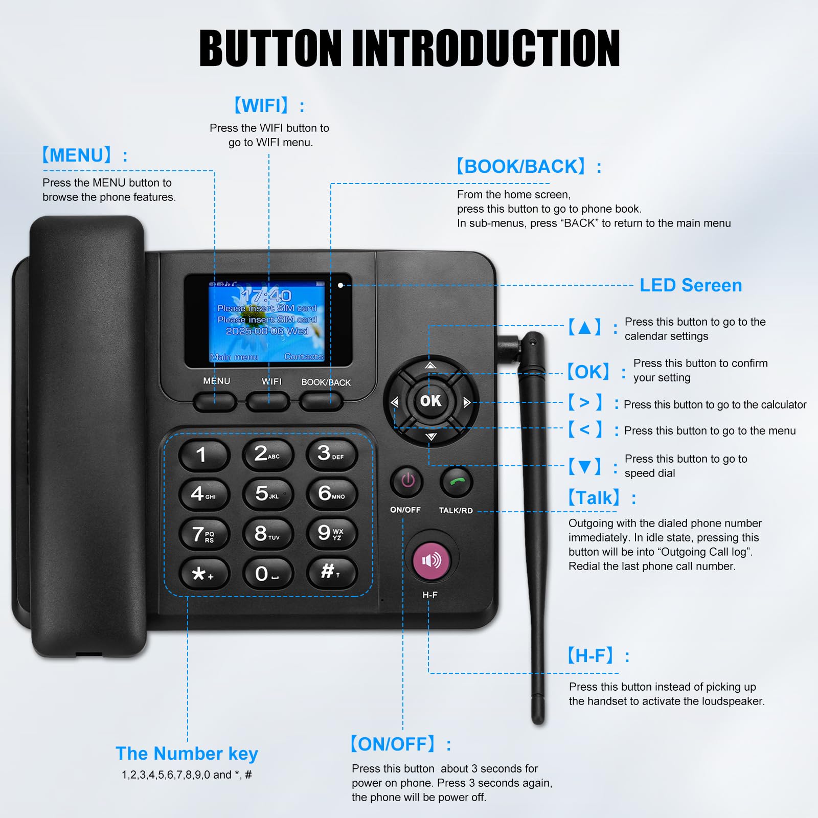 Lychee Téléphone fixe sans fil 2,3,4G – Double SIM, WIFI – Multi-langue, grand écran rétroéclairé couleur – Antenne détachable – Téléphone de bureau pour bureau/hôtel/résidentiel