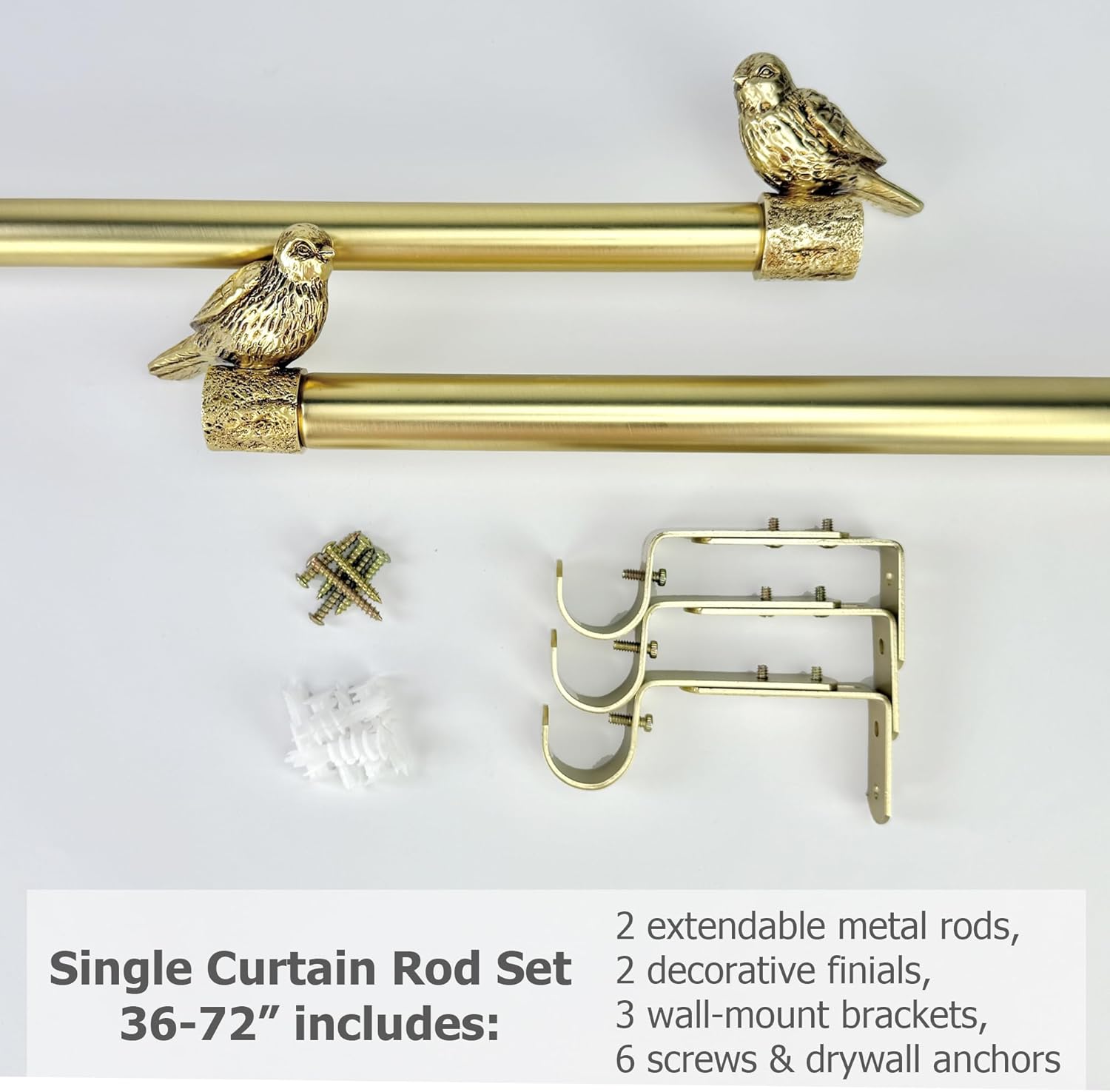 Adjustable 36-72 Inch Brushed Gold Curtain Rods for Windows, 1-1/8" Diameter Heavy Duty Drapery Rod with Flying Bird Finials, Decorative Single Curtain Rod for Bedroom Kitchen, Easy Install