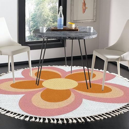 Miniatura 4 de Alfombra redonda con flecos, estilo retro, diseño de flores Groovy de los años 70 y 90, estilo floral, estilo bohemio, para decoración de habitación