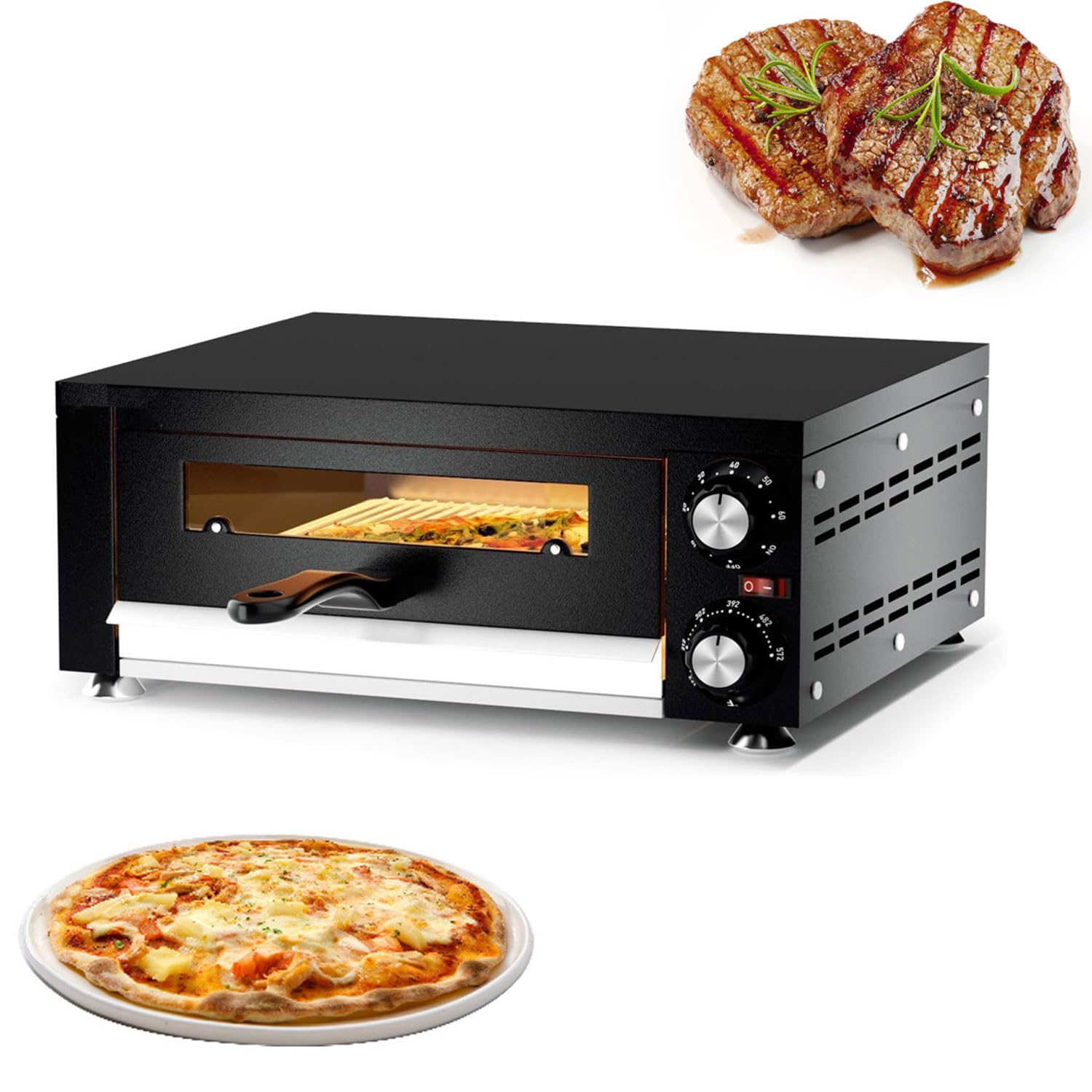 Forno per Pizza Commerciale per Interni, Pizzaiolo Elettrico in Acciaio Inossidabile da 12" con Finestra Visiva, Timer 60 Minuti, Controllo 122-572°F, Riscaldamento su Doppia Faccia