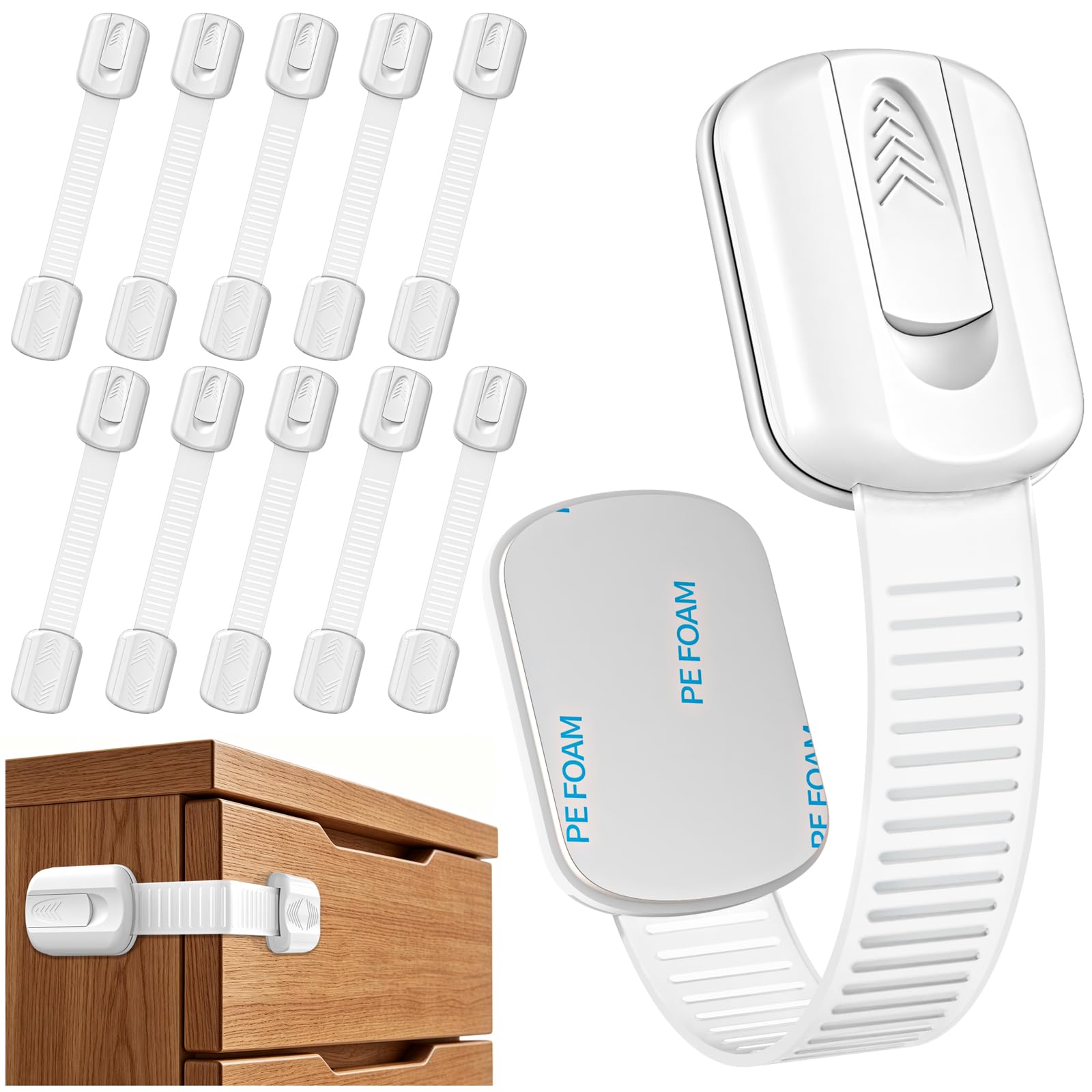 Kimsky Kit 10 Bambini Chiusure Sicurezza per Armadietto, Sicurezza Cassetti Bambini per Armadietto, Cassetto, Frigorifero, Blocca Cassetti per bambini, Nessuna perforazione con adesivo forte, Bianca