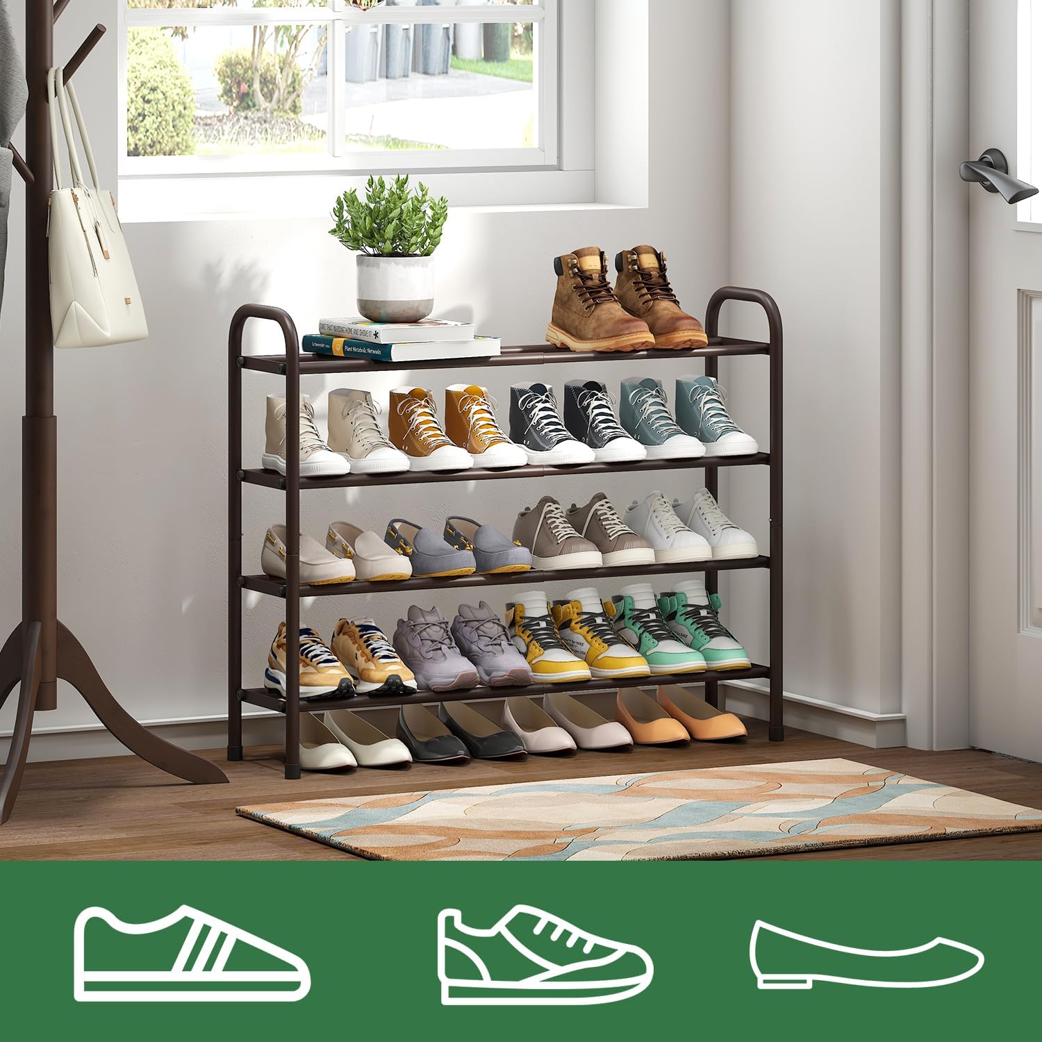 kiplant Metal Shoe Rack, Expandable Metal Shoe Rack for Closet, Entryway & Hallway (Brown, 4-Tier_Long)