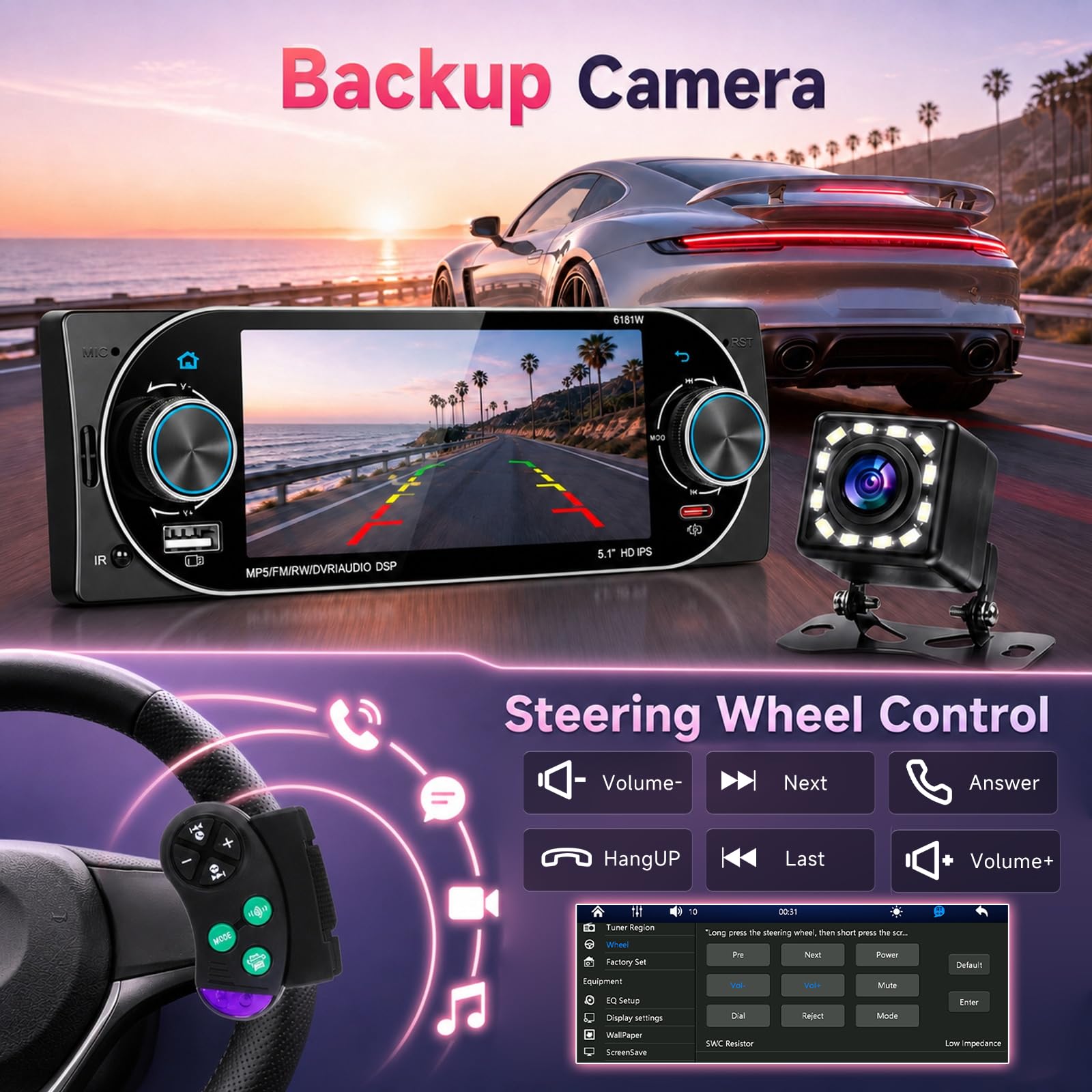 Hodozzy Bezprzewodowe radio samochodowe z systemem Android 1 Din z ekranem 5.1 cala z USB Type-C, kompatybilne z Bluetooth 5.2, radiem FM, szybkie ładowanie, lustro łącze, EQ, kamera cofania