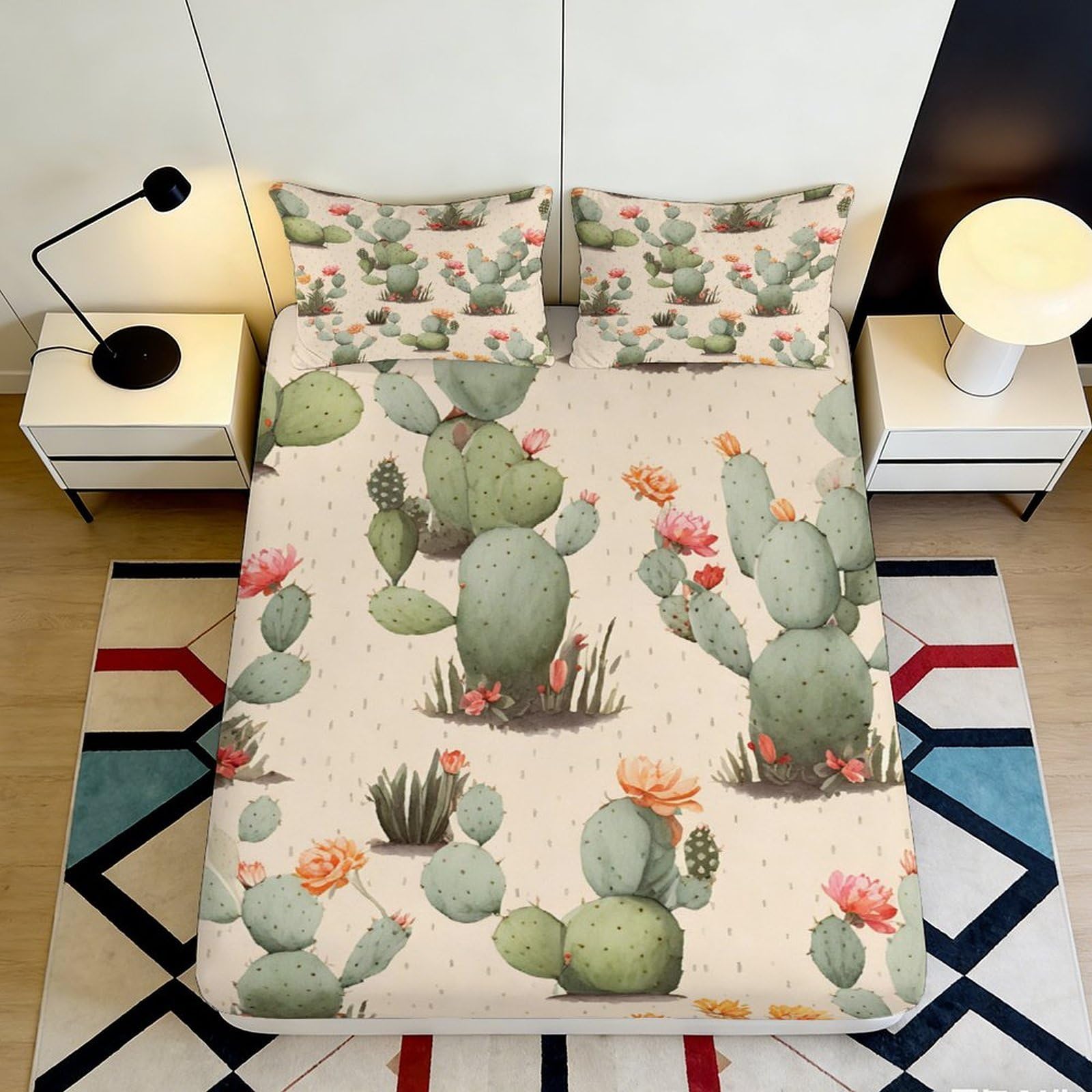 3D Printed Cactus Desert Fitted Sheet Microfiber Non Slip Mattress Cover Succulent Floral Bed Decor 90x200x25cm
