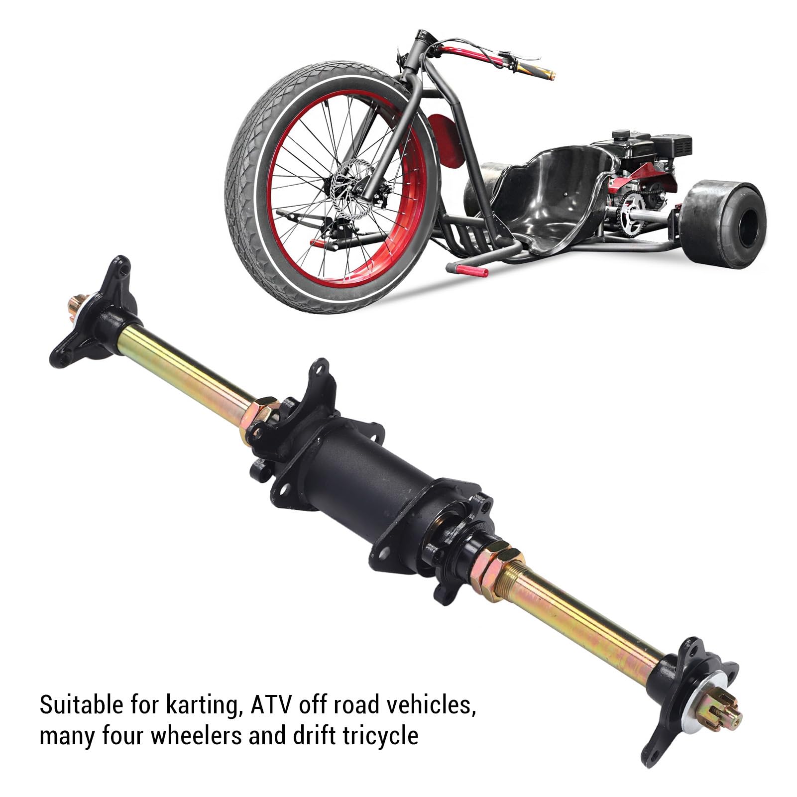 aqxreight Go-Kart-Hinterachse, 610 Mm, Robustes Antriebsachsen-Set aus Stahllegierung mit Kettenrad- und Bremsscheibenhaltern, Nabenflanschen, Kompatibel mit ATV, Drift-Trike, Fahrzeugersatz für Go