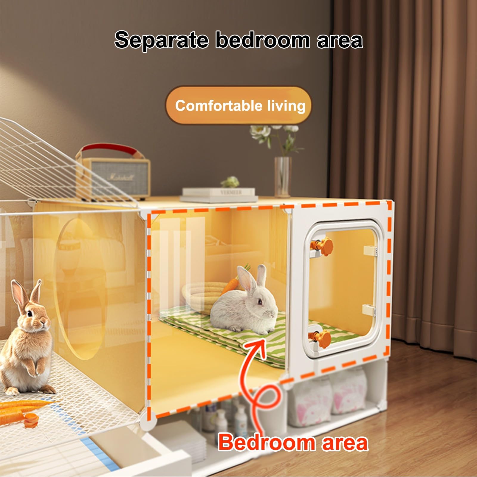 Conejera de Interior, Jaula Conejo con Bandeja Deslizable y Espacio de Almacenamiento, Jaula Transparente for Conejos, for Animales Pequeños(106x45x53CM)
