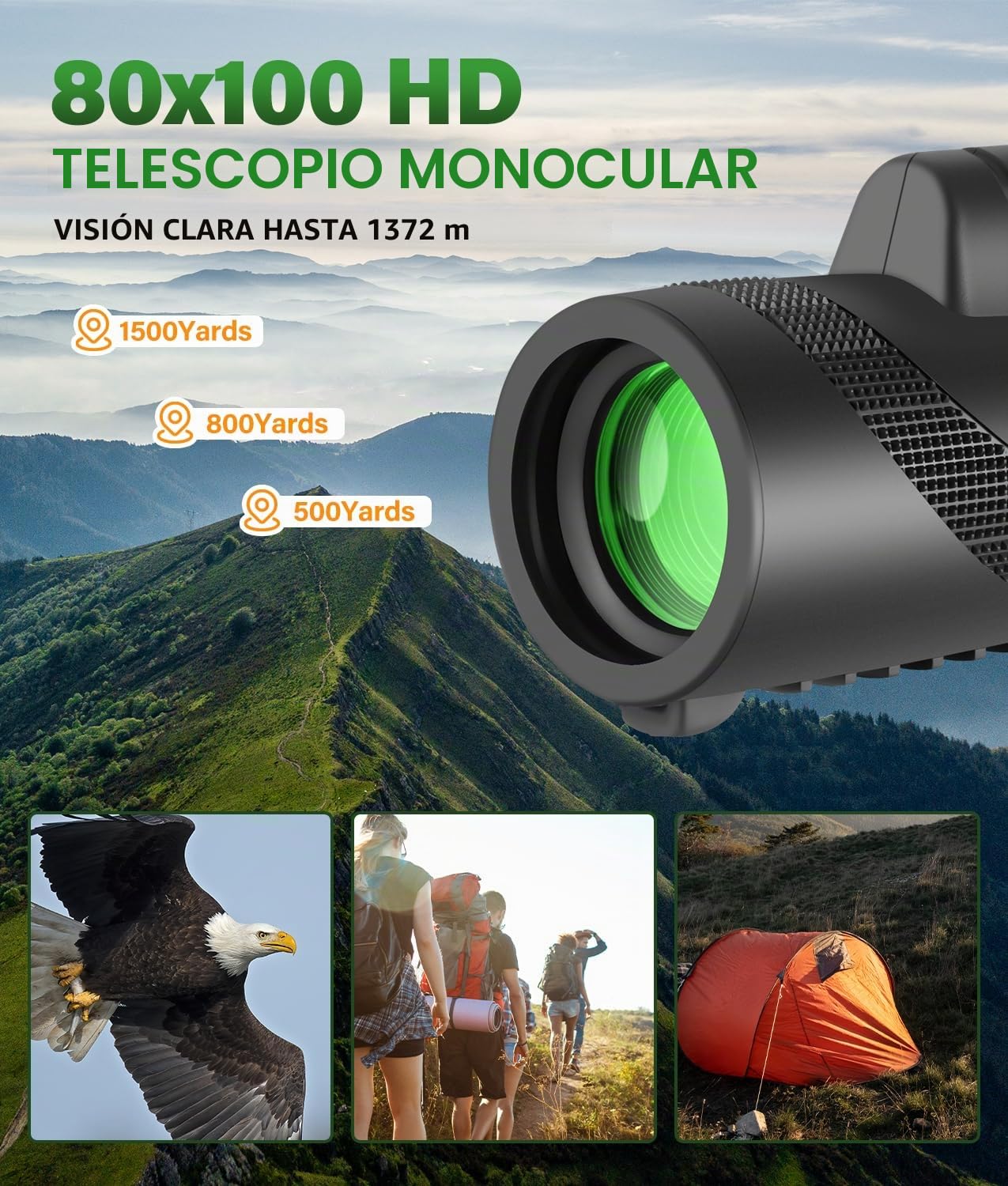 PAHTTO Telescopio monocular, monocular 80x100 con Prisma BAK4 y Lente FMC, telescopio HD con Adaptador para Smartphone y trípode, para observación de Aves, Caza, Senderismo y conciertos