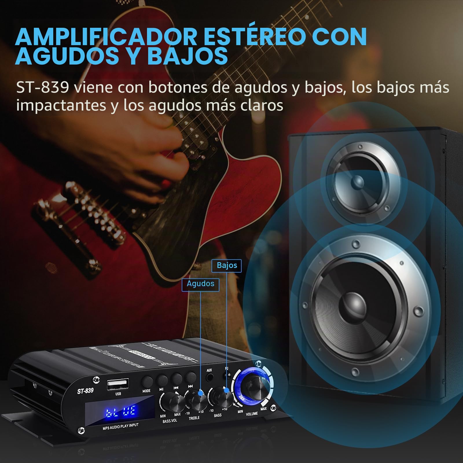 ST-839 amplificador Bluetooth 2.1 canales estéreo amplificadores receptores RMS 25x2 + 40W Max.100W Audio Amplificadores de potencia para el hogar Mini Sub amplificadores con agudos y graves, BT/USB