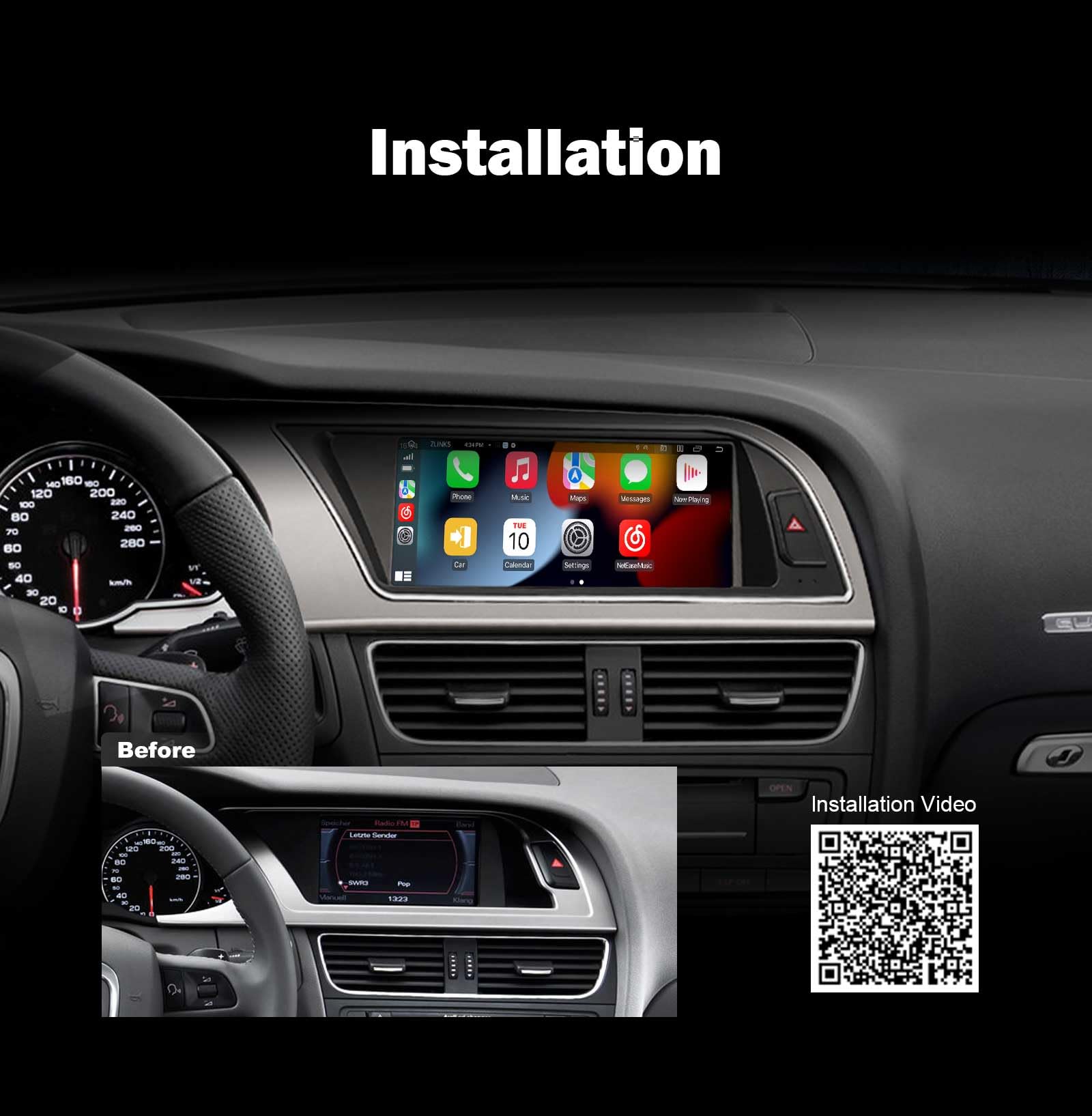 8,8 cala 8-rdzeniowy Android 14 radio samochodowe do Audi A5 2009-2016, obsługuje nawigację GPS, bezprzewodowe, Carplay, IPS, WiFi, 4G, WiFi, DAB+, DVR, 64 GB ROM