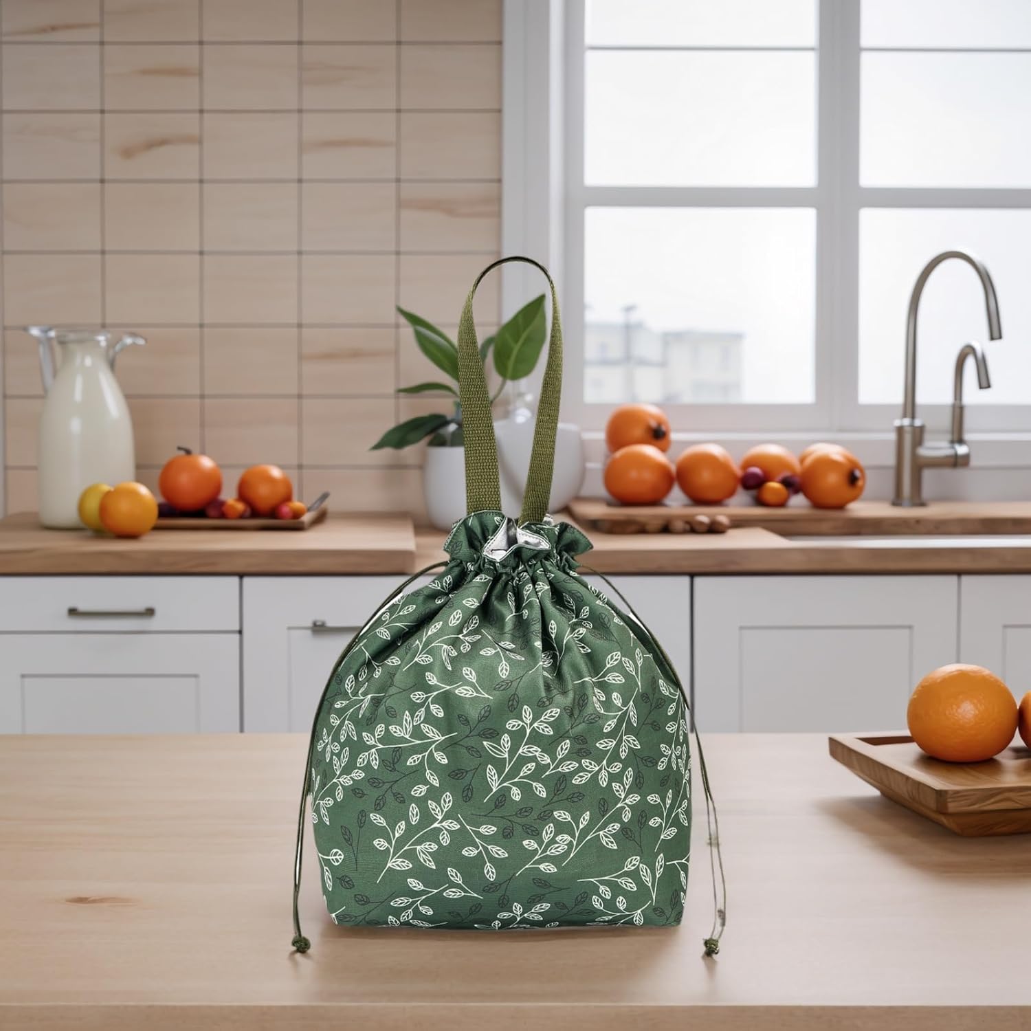 Reusable Small Lunch Bag,Drawstring Lunch Bag,Insulated Handbag Tote bag with Handle (New Leaf Green) - Image 5