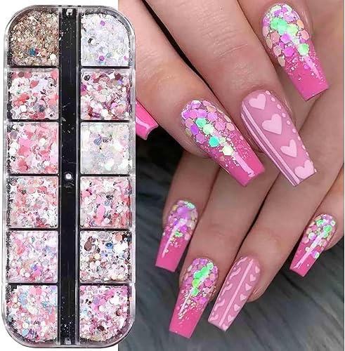 Lentejuelas holográficas para arte de uñas, 12 rejillas, lentejuelas con purpurina láser rosa, estrellas brillantes iridiscentes mixtas con