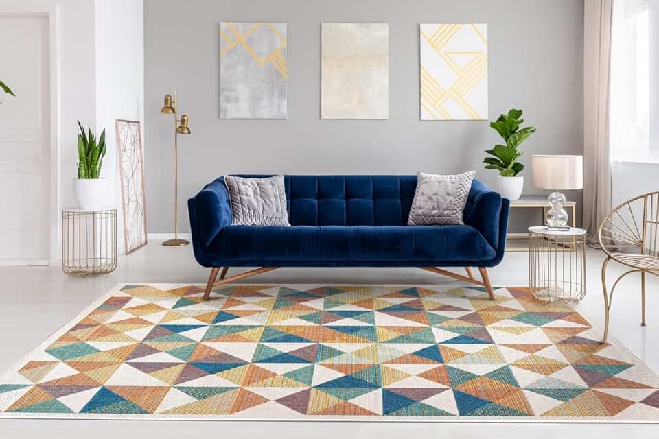 Tapete Aurora Retangular de 100X140 cm, Cor Azul, Verde e Bege, Edantex.