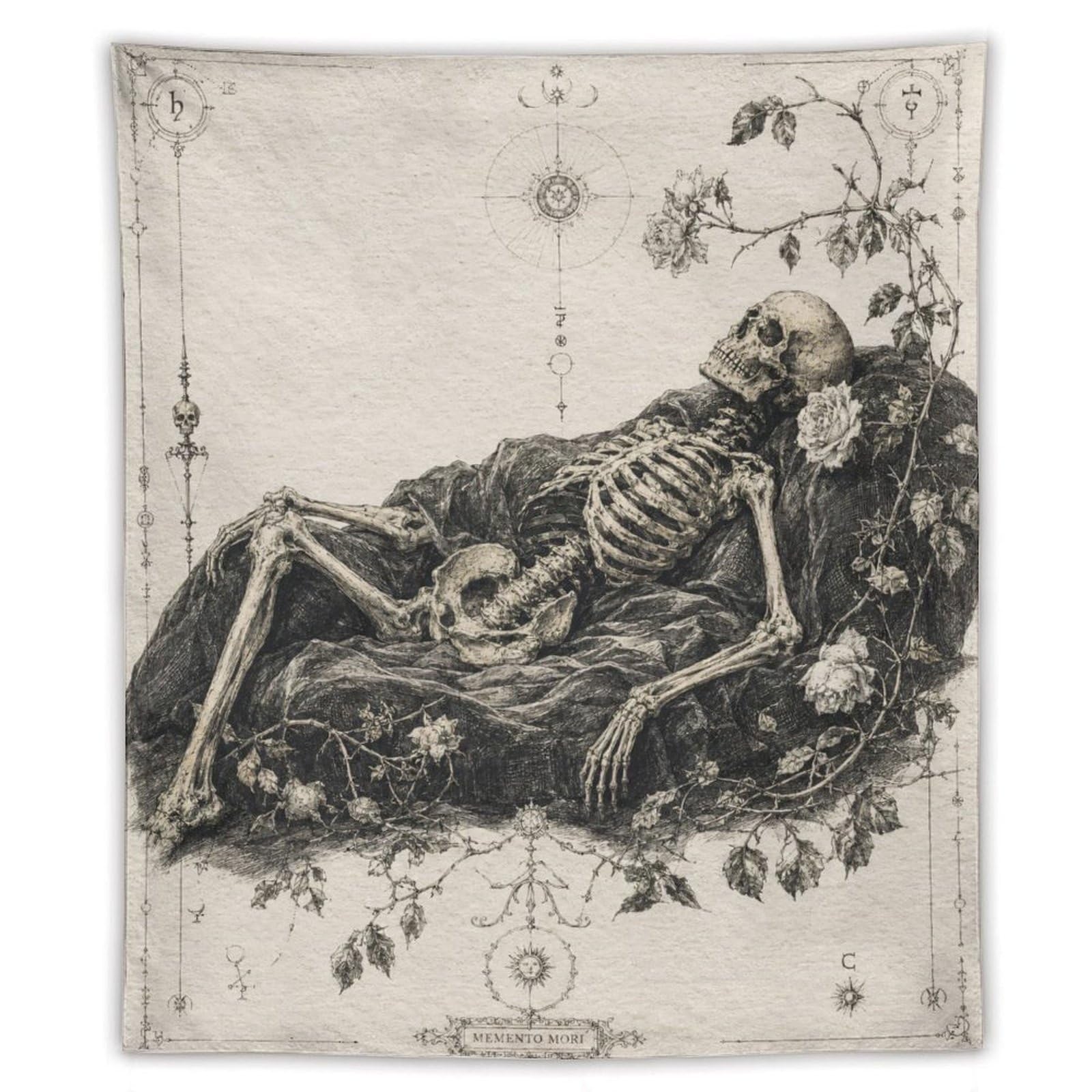 W7C8U2X3 Skeleton Reclining Ink Study Wall Tapestry, Gothic Oil, Entryway