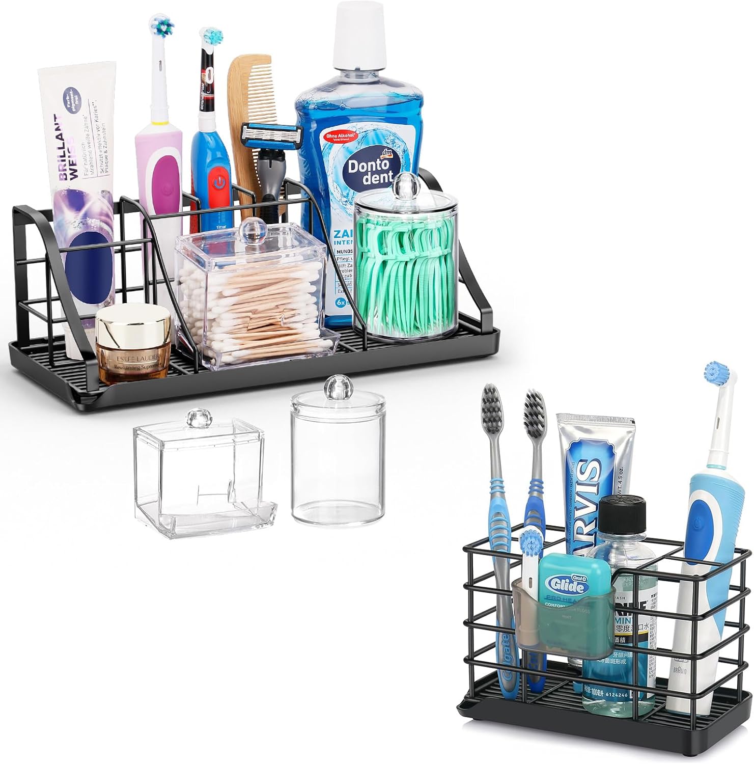 2 Pack Stainless Steel Bathroom Toothbrush Holder Kids Electric Tooth Brushing Holder Stand and Toothpaste Holder for Bathroom Accessories Organizer with Tray, Black