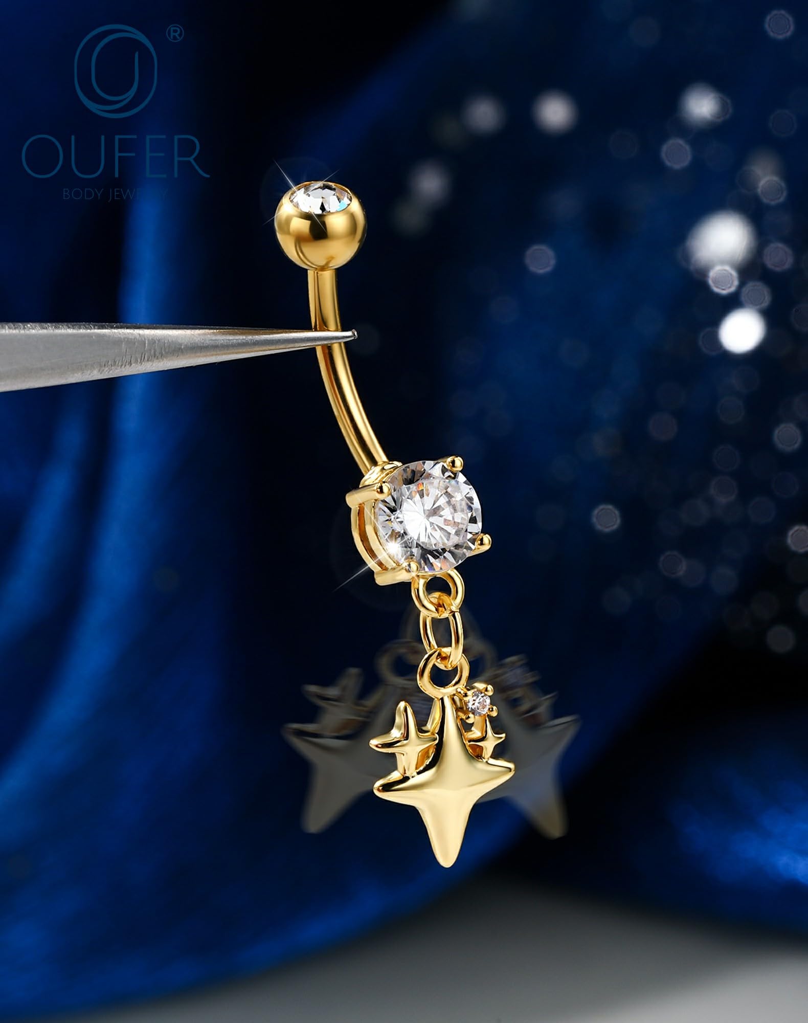 OUFER Body Piercing Belly Bar: 14G 316L Stainless Steel Navel Ring Star Dangle CZ Navel Piercing Jewellery Gold/Silver 1.6mm/10mm Belly BUtton Rings for Beach Party Women - 5