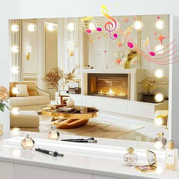 FENCHILIN Vanity Mirror with Lights 32''x23'' Tempered Glass Large Hollywood Mirror with 18 Dimmable Bulbs for Makeup Table/Hanging Bluetooth Speaker Mirror with Touch Screen & USB Charge Port