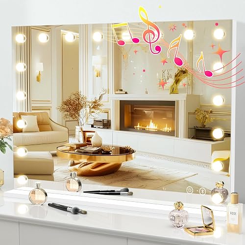 FENCHILIN Vanity Mirror with Lights 32''x23'' Tempered Glass Large Hollywood Mirror with 18 Dimmable Bulbs for Makeup Table/Hanging Bluetooth Speaker Mirror with Touch Screen & USB Charge Port