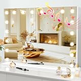 FENCHILIN Vanity Mirror with Lights 32''x23'' Tempered Glass Large Hollywood Mirror with 18 Dimmable Bulbs for Makeup Table/Hanging Bluetooth Speaker Mirror with Touch Screen & USB Charge Port 23'L x 32'W