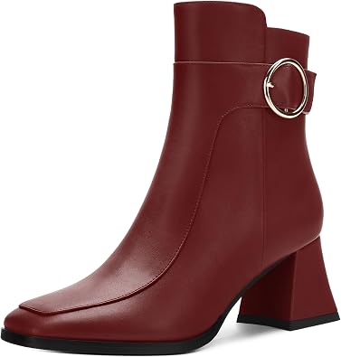 Womens Black Square Toe Mid Heel Ankle Booties with Side Zipper, Fashion Buckle Strap Ankle Boots for Women