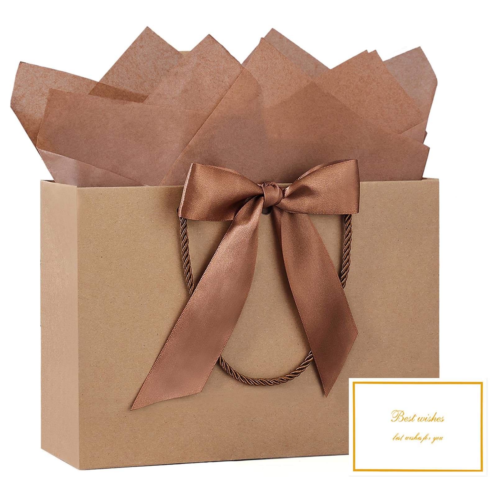 YoungTree 1PCS Large Gift Bag with Ribbon and 1 Greeting Card 2 Tissue Papers, Portable Paper Gift Bag with Handles, Birthday Gift Bags,Present Bags for Wedding Party,Mothers Day12.6" x 9.8" x 3.9 — image 1