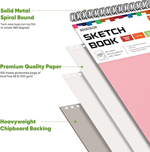 Miniatura 81 de Soucolor - Cuaderno de bocetos de 9 x 12 pulgadas, paquete de 1 de 100 hojas, encuadernado en espiral, libre de ácido (68 libras/100 g/m²), bloc