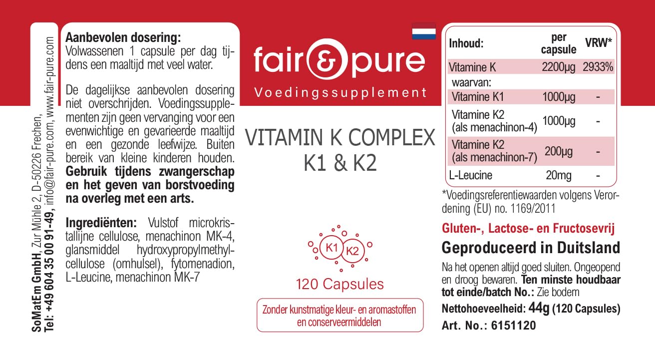 Fair & Pure® - Vitamine K Complexe K1 & K2 - avec 2200μg de Vitamines K par gélule - 120 gélules véganes