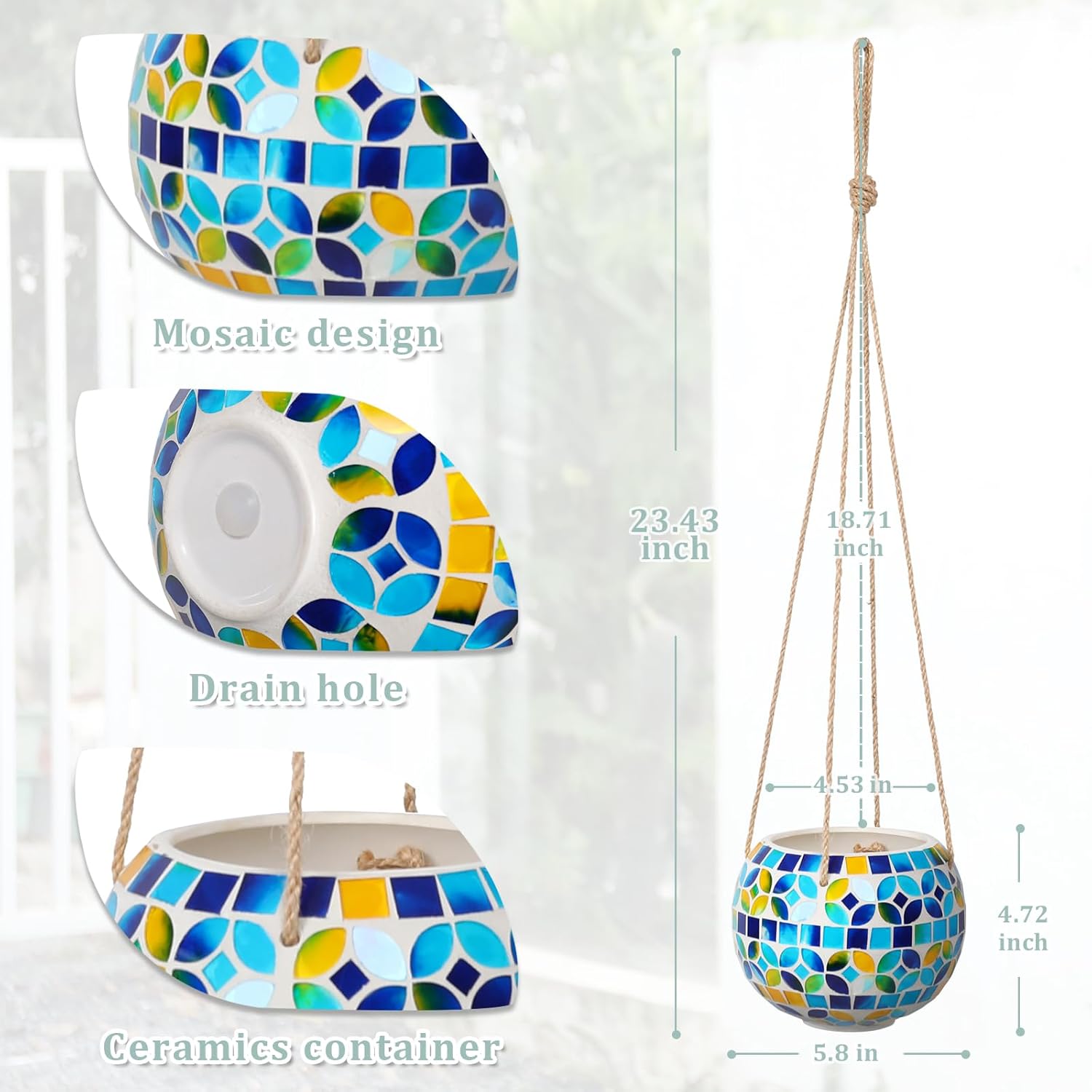 Ceramic Hanging Planter Mosaic Hanging Flower Pot Small Plant Pot for Indoor Plant Garden Decor Disco Ball Planter with Drainage Square Blue
