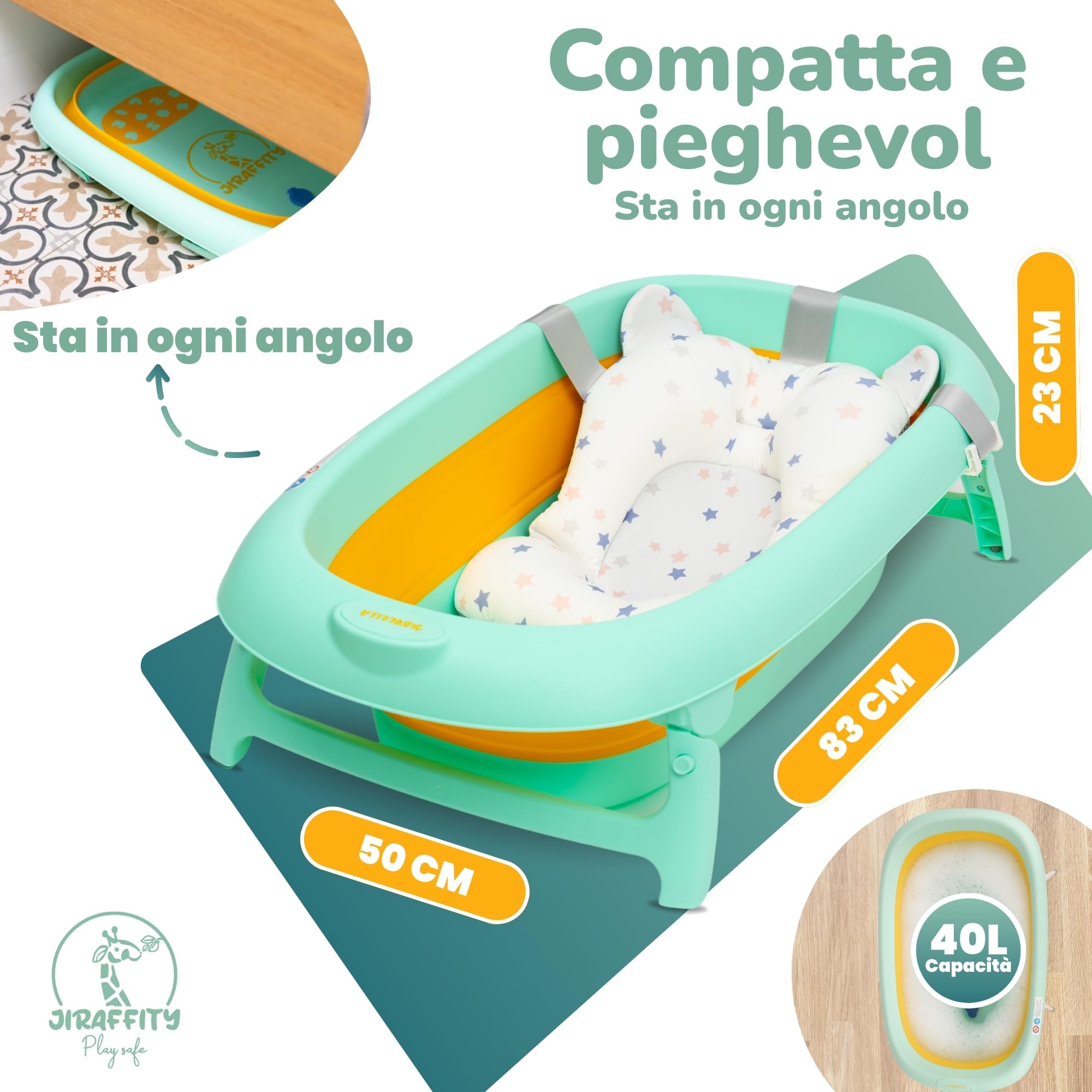 Vaschetta bagnetto neonato pieghevole con supporto – vasca pieghevole per neonati 0–3 anni con cuscino ergonomico, tappo termosensibile e accessori – facile da trasportare e riporre