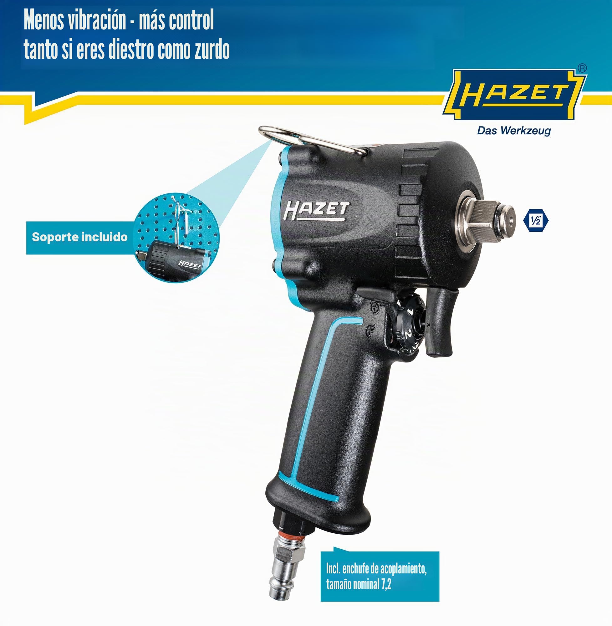 Llave de impacto neumática HAZET 9012M-1 I Extra corta - sólo 80 mm, Max. par de apriete: 1200 Nm, cuadrado 12,5 mm (1/2 pulgada) diseño compacto para trabajar en espacios reducidos